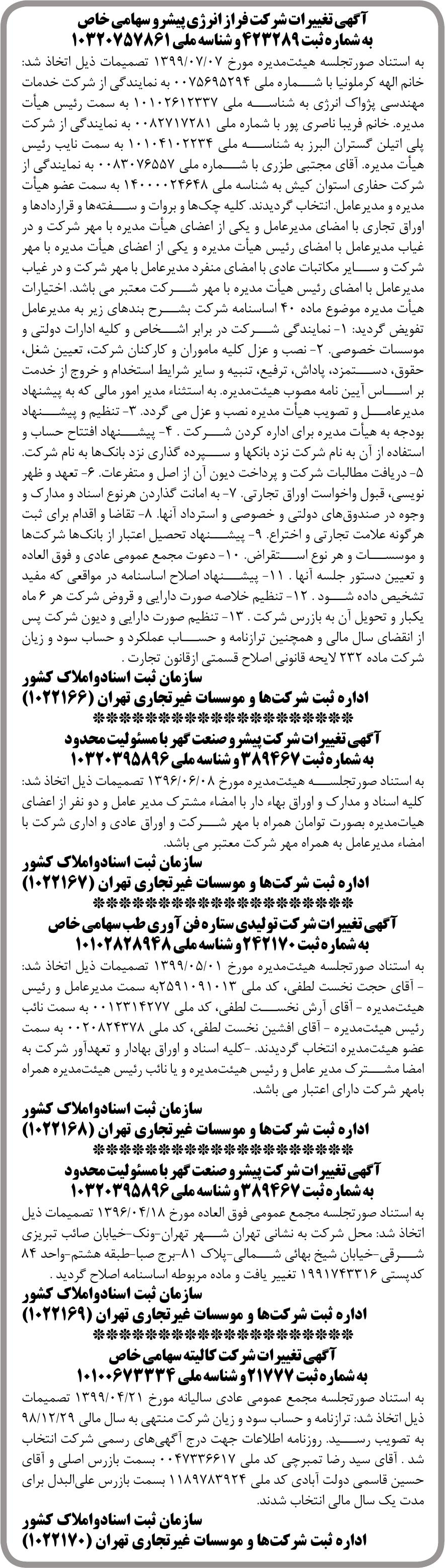 خبر آگهی تغیبرات ش ر کت فراز انرژی پیشرو سهامی خاص درباره شرکت فراز انرژی پیشرو