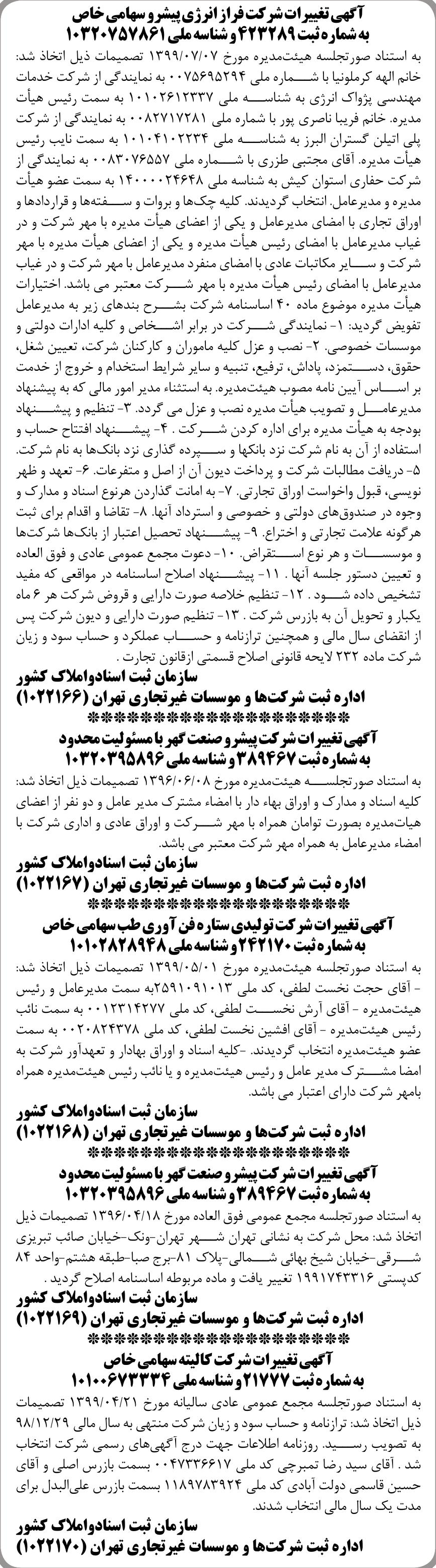 خبر آگهی تغیبر ات شرکت فراز انرژی پیشر و سهامی خاص درباره شرکت فراز انرژی پیشرو