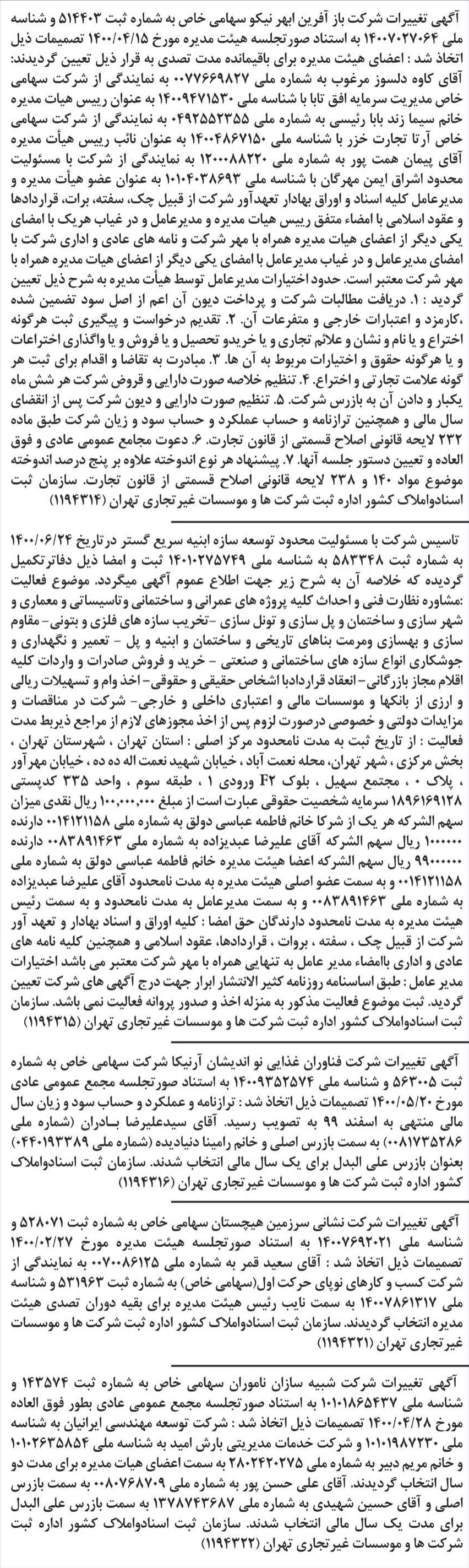 خبر آگهی تغییرات شرکت باز آفرین ابهر نیکو سهامی خاص به شماره ثبت 514403 و شناسه درباره شرکت سرمایه گذاری بازآفرین ابهر نیکو